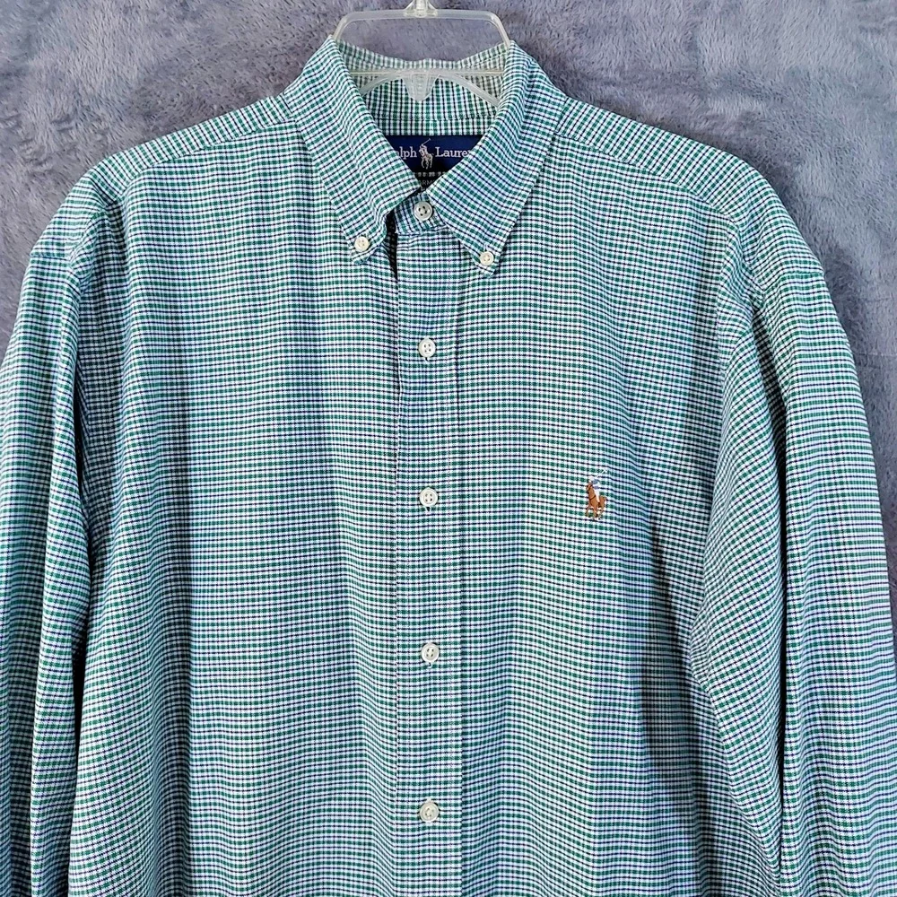Ralph Lauren Yarmouth Cotton Oxford Mens 15.5 32-33 Green Check Flesh Pony Shirt